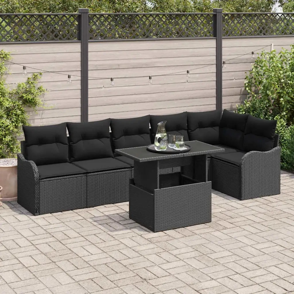 Set di divani con cuscino 7 pcs Nero Poly Rattan