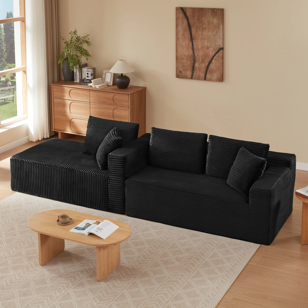 Divano modulare a L trasformabile con chaise longue, cuscini rimovibili e rivestimento lavabile in schiuma e molle, nero