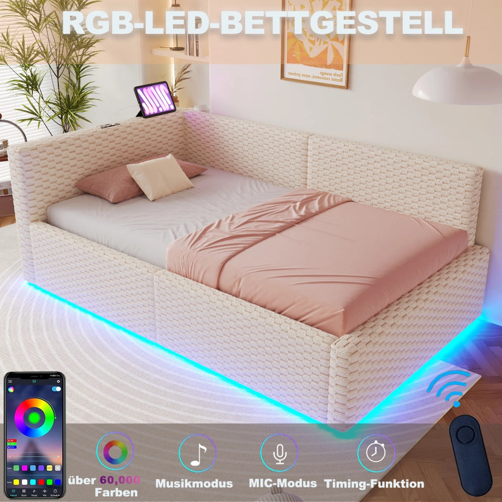 Polsterbett 90x200 cm con contenitore; LED; USB e Type-C; velluto beige