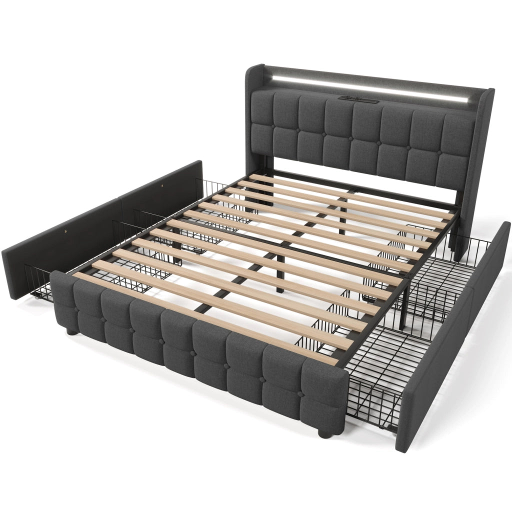 Letto matrimoniale 160x200 cm con 4 cassetti; LED e prese USB; grigio