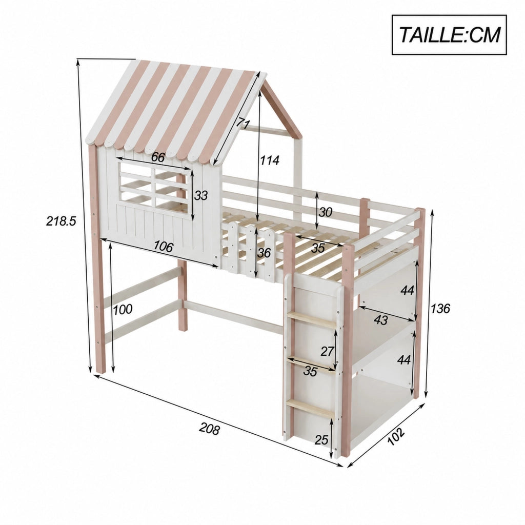 Letto a soppalco per bambini 90 × 200 cm con tetto scala di sicurezza rete a doghe in legno rosa
