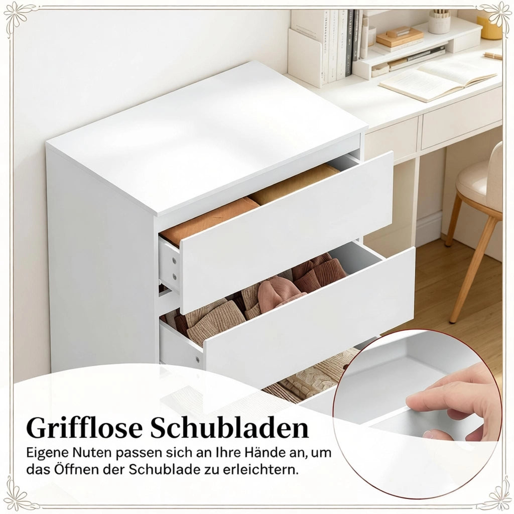 Cassettiera con 4 cassetti e maniglie nascoste, stile moderno, per camera da letto, in legno, bianca, 60 × 40 × 90 cm