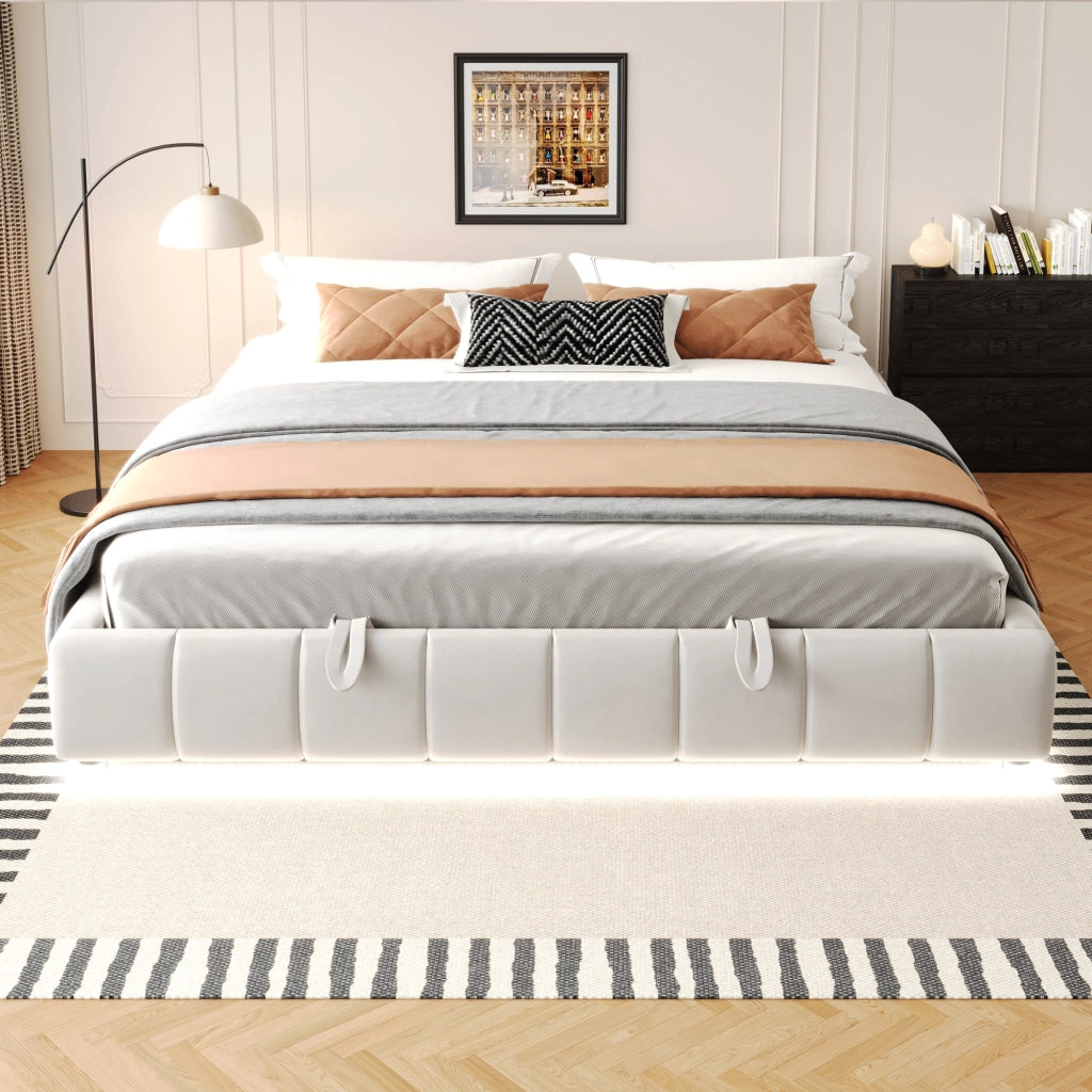 Letto Matrimoniale Imbottito 180x200 cm in Velluto con Contenitore Idraulico; LED; Testiera; Beige