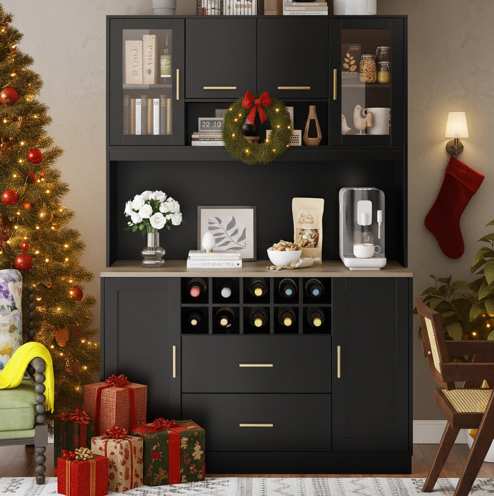 Credenza nera 120x36,3x180 cm con LED, prese USB e sei ante