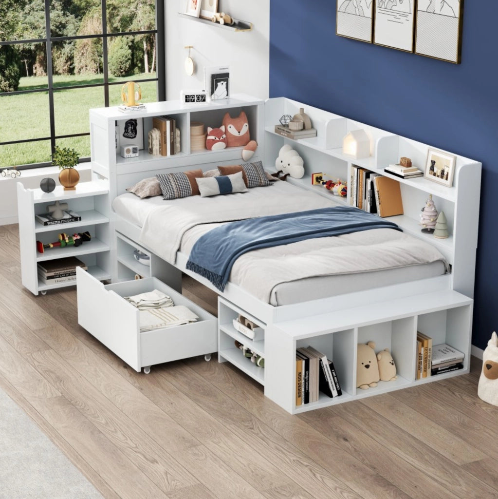 Letto bambino 90x200 cm in compensato bianco con contenitori, senza materasso