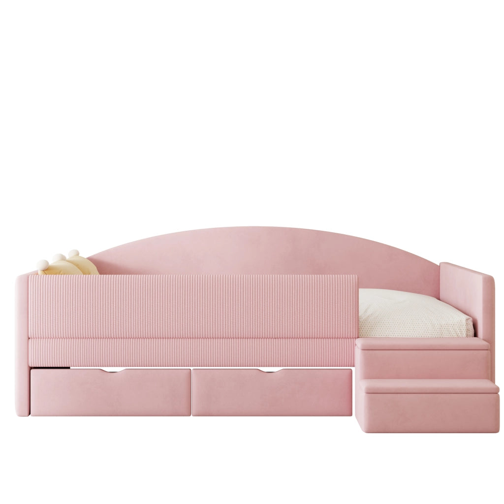 Divano letto imbottito in velluto grigio, letto singolo 90x190 con cassetti e sponde