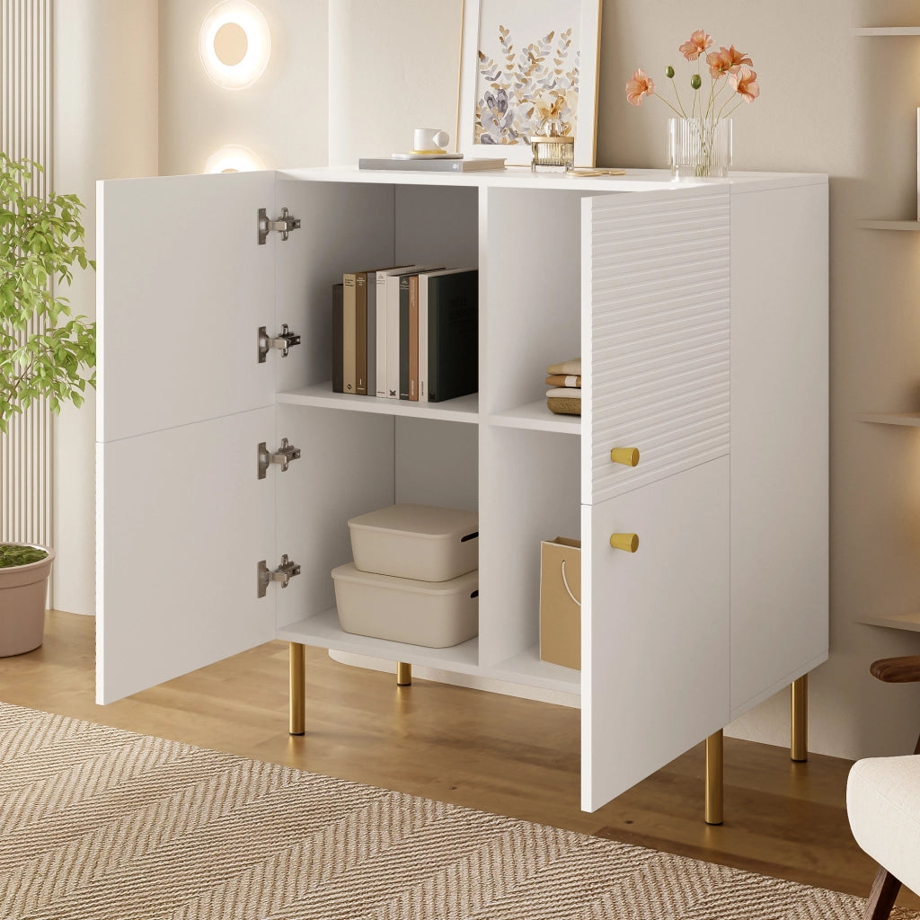 Madia con maniglie in lega di zinco e gambe in acciaio per soggiorno e ingresso; in MDF; bianco; 80×36×90 cm