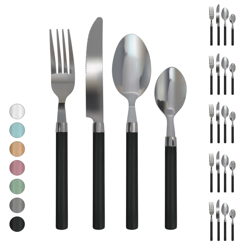 Servizio 24 Pezzi Posate Tavola Acciaio Inox Manici Colorati Tinta Unita Colori Moderni 6x Forchetta Coltello Cucchiaio Cucchiaino Lavabili Lavastoviglie Certificate Contatto Alimenti - Nero