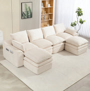 Divano modulare in velluto a coste beige con tasche laterali e cuscini