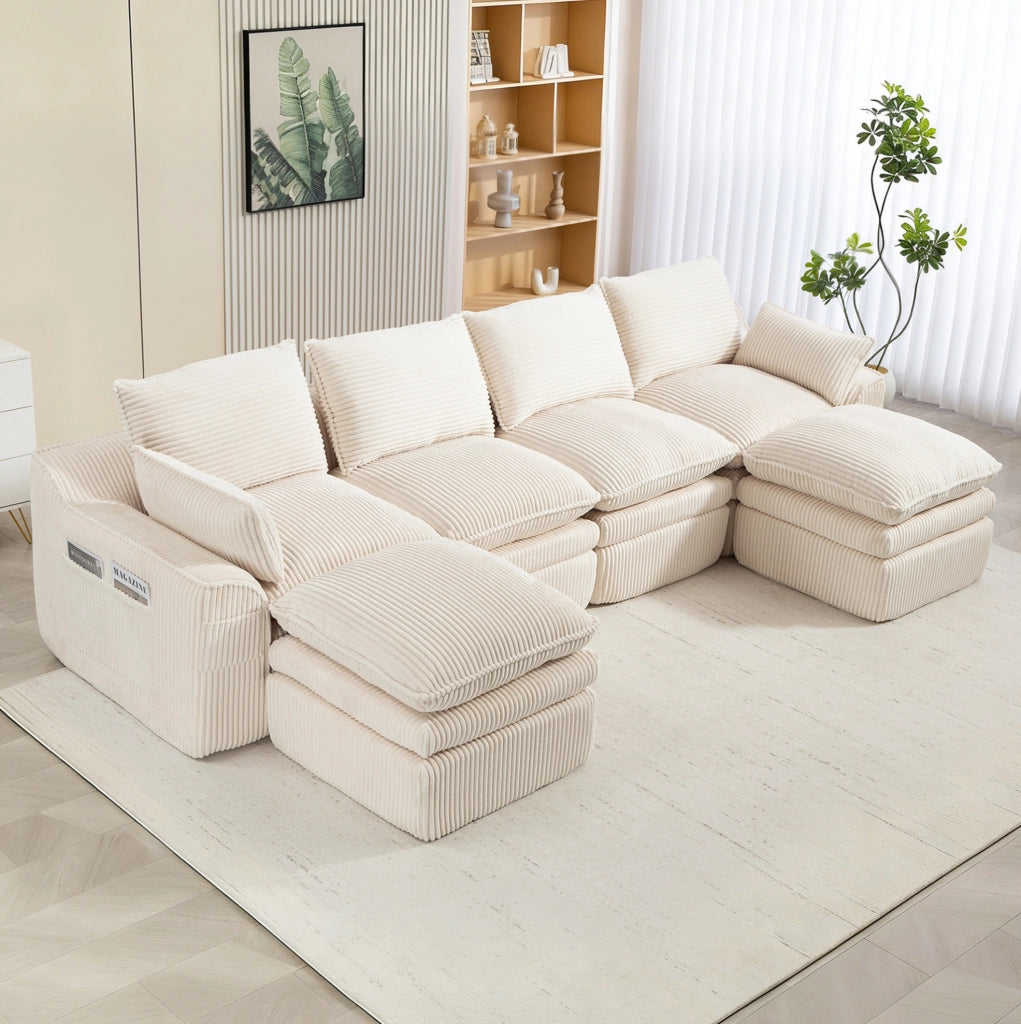 Divano modulare in velluto a coste beige con tasche laterali e cuscini