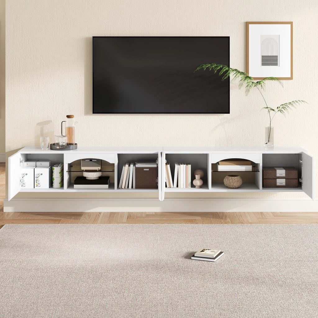Mobile TV con 4 ante; 2 vani aperti con ripiani in vetro e LED regolabili tramite app; bianco 200 × 30 × 28 cm