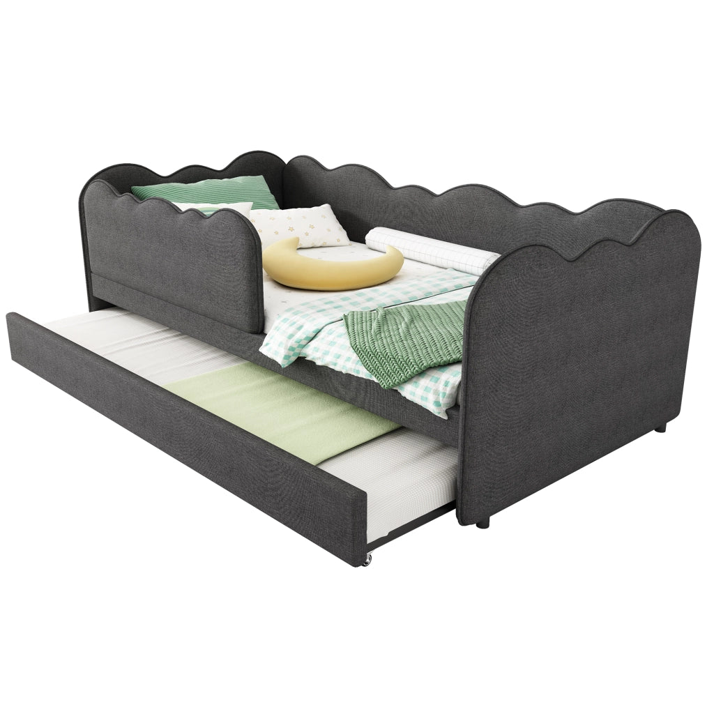 Letto estraibile 90×190 cm 2 posti con barriera e schienale imbottito; senza materasso; in lino; grigio
