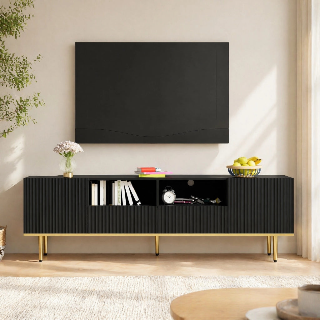 Mobile TV con 2 vani e 2 cassetti apertura senza maniglie in pannello truciolare nero e oro 165 × 36 × 55 cm