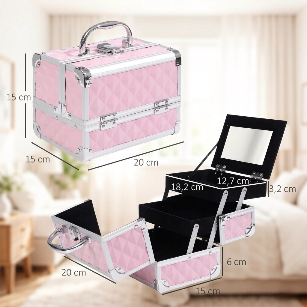 Valigetta per trucco rosa a 3 livelli espandibili con specchio serratura e manico 20 × 15 × 15 cm