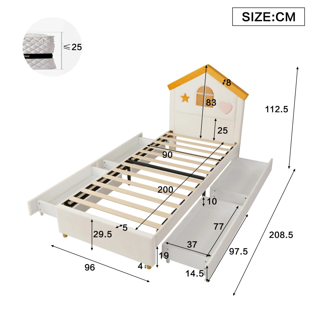Letto per bambini imbottito 90 × 200 cm con 4 cassetti in velluto beige testiera a casetta rete a doghe