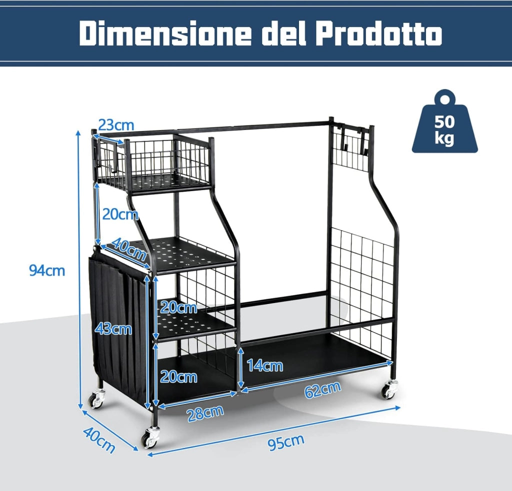 Organizer per Sacca da Golf per Garage, Carrello per 2 Borse da Golf con Ruote Bloccabili, Ganci e Tasche Porta Mazze da Golf, Organizer per Accessori da Golf e Attrezzature