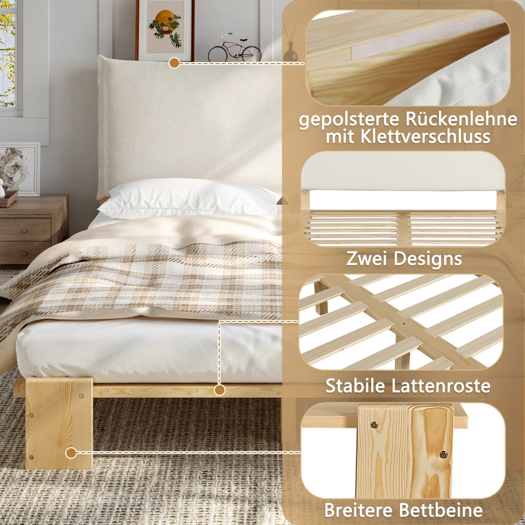 Letto imbottito 140x200 cm in legno di pino con schienale imbottito; naturale