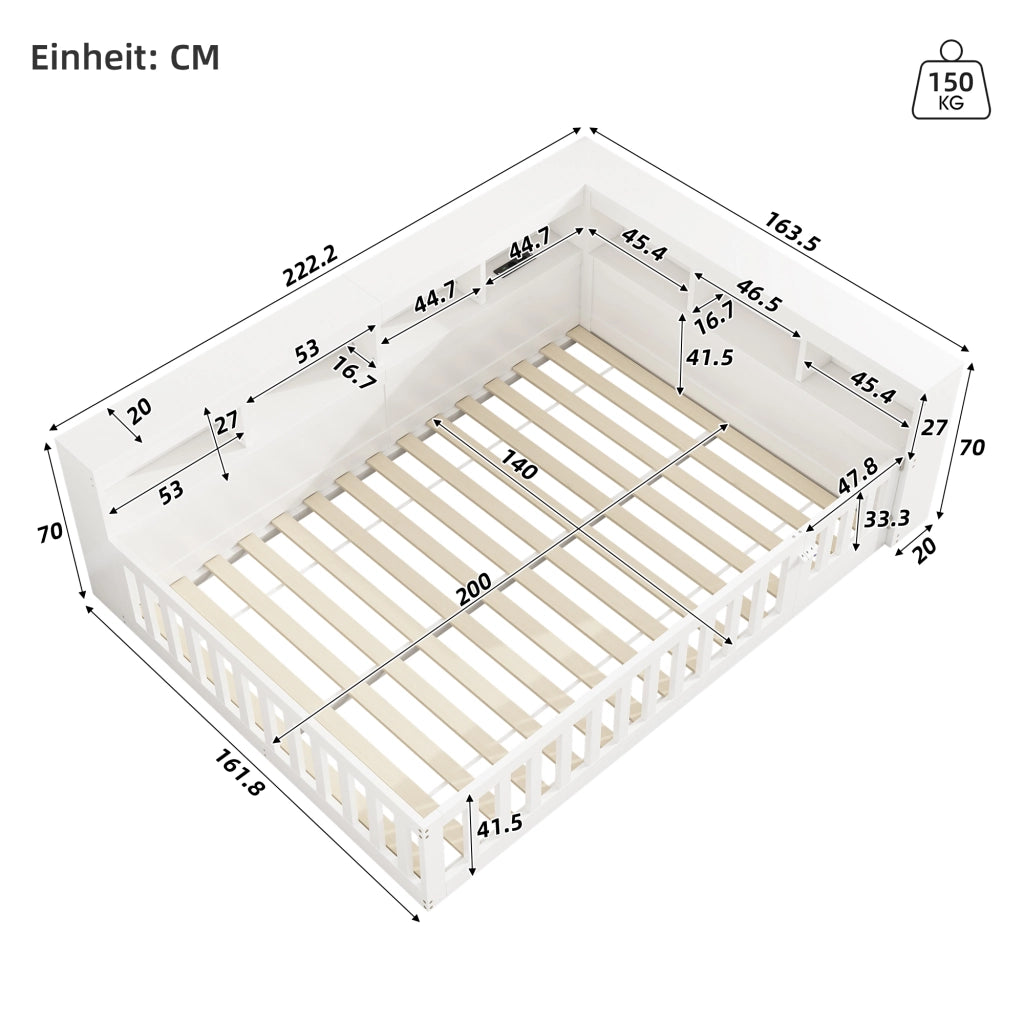 Letto divano 140×200 cm 2 posti con vani laterali; prese USB e barriera estraibile; senza materasso; bianco