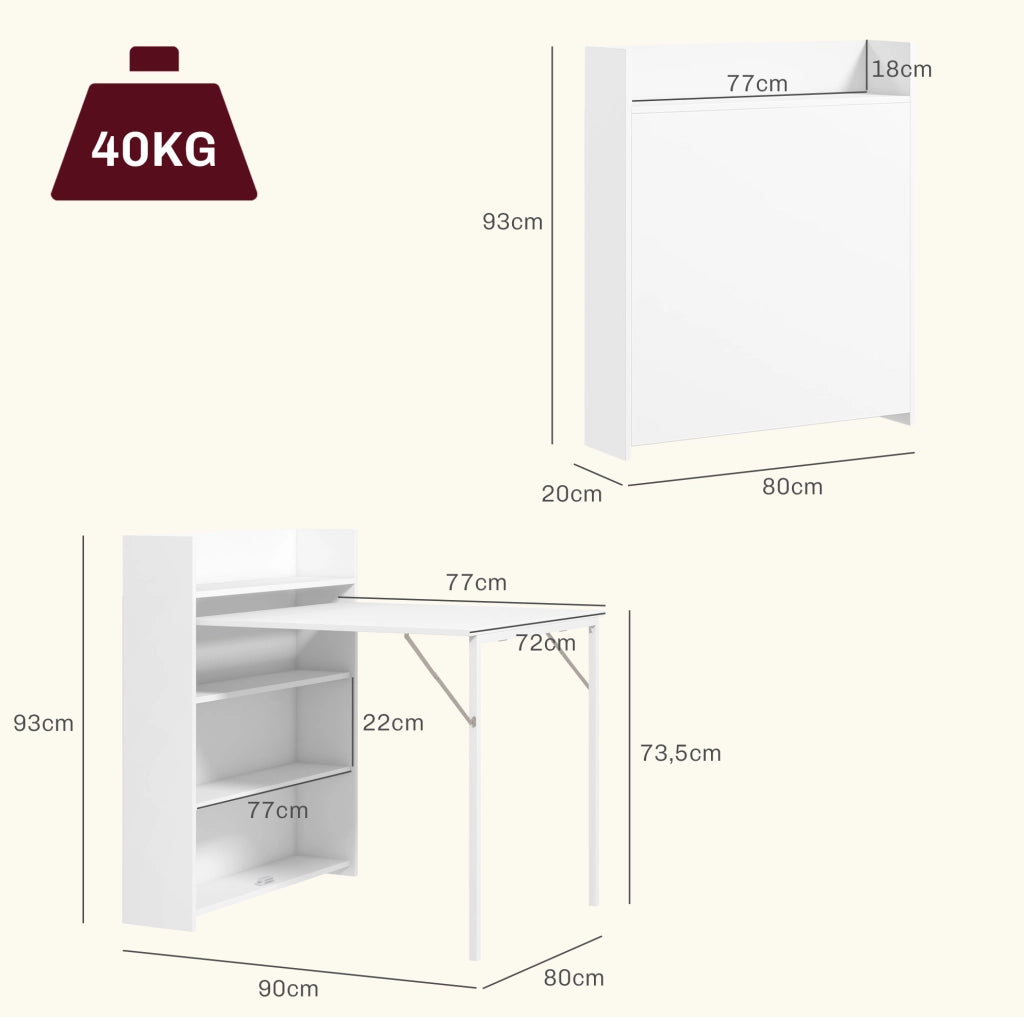 Tavolo da pranzo pieghevole ULEVR 78,5x91x93 cm con 3 ripiani interni e sistema antiribaltamento, bianco