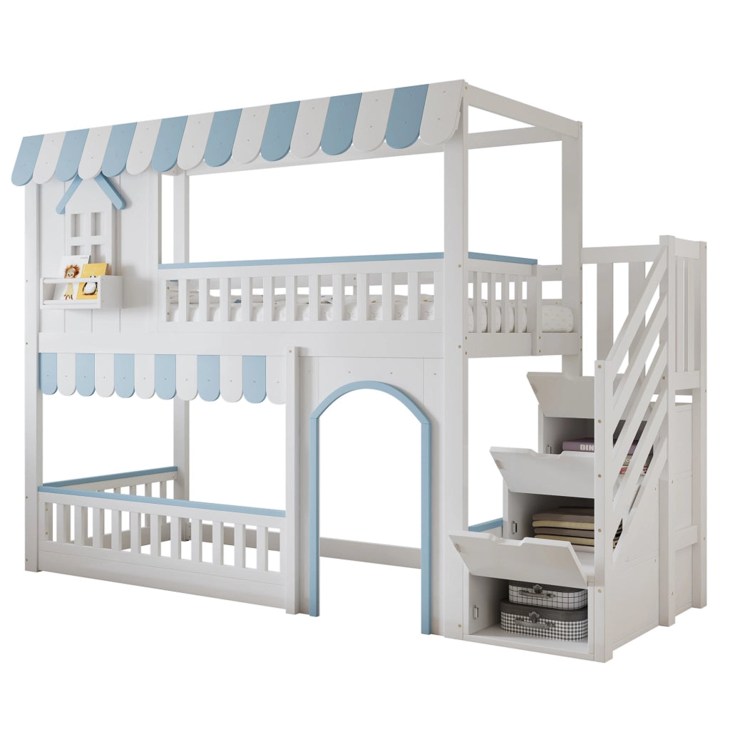 Letto a castello per bambini con scala contenitore e protezioni