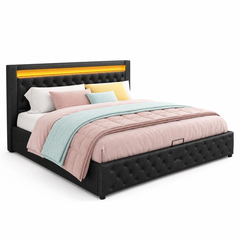 Letto matrimoniale 140x200 cm con contenitore e LED; rivestimento in PU nero