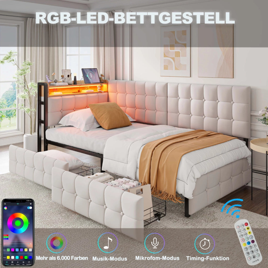 Divano letto imbottito 90x200 cm con LED, USB-C e cassetti