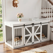 Mobile per Cani a Due Posti in Legno e Metallo 160 x 60 x 75 cm con Divisorio Fisso e Porte Scorrevoli Bianco