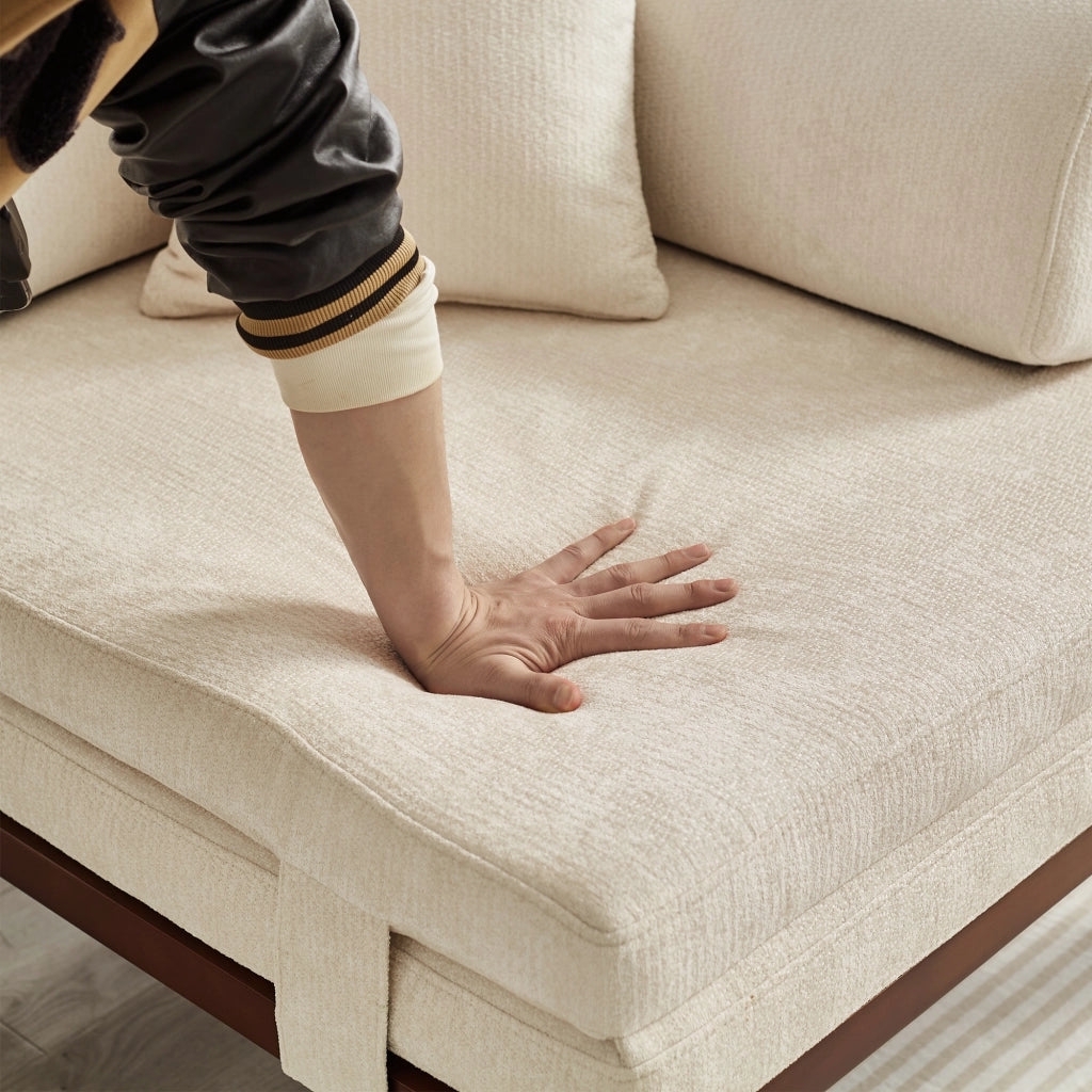 Divano letto pieghevole singolo estraibile salvaspazio con struttura in legno rivestimento in velluto beige