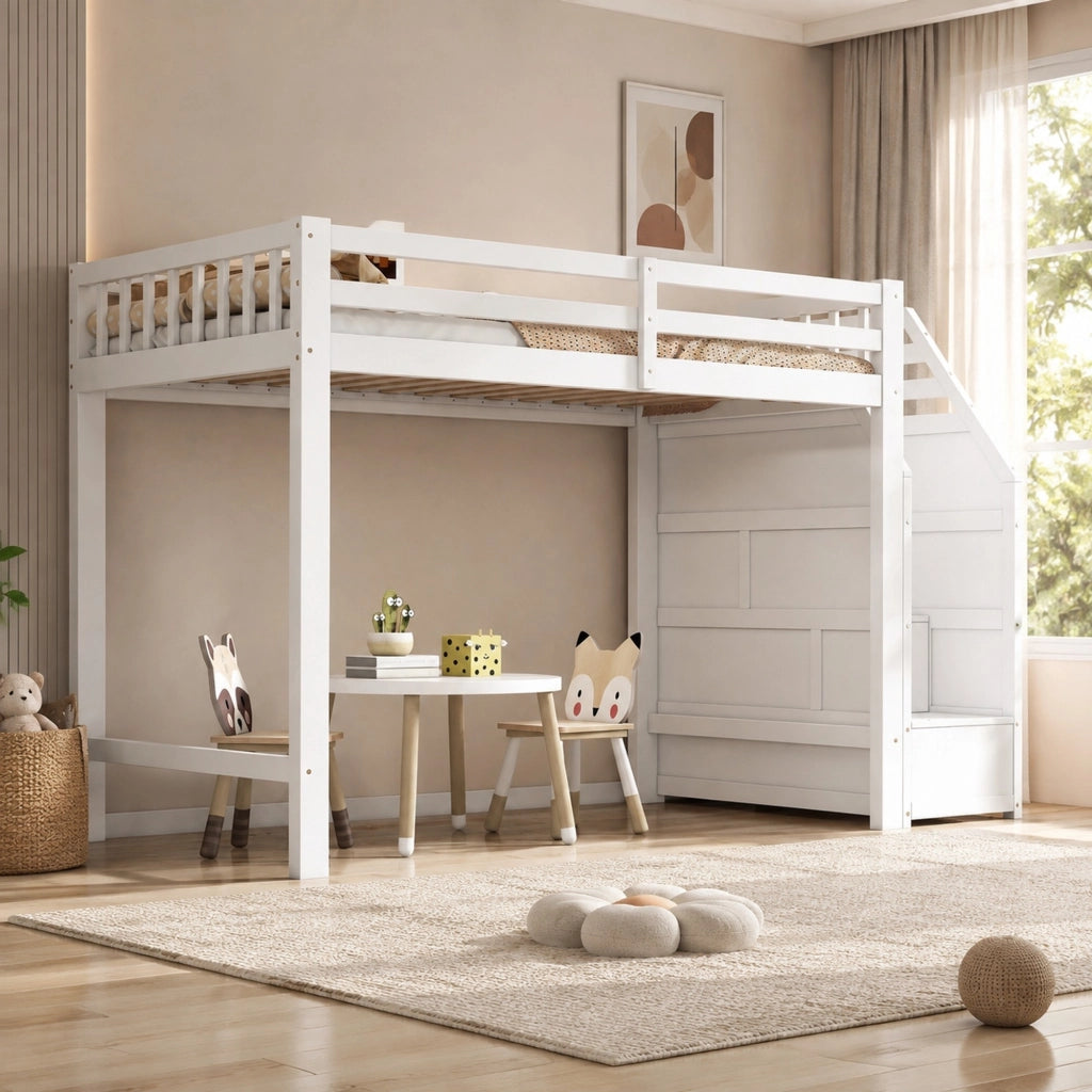 Letto a Soppalco 90x200 cm - Scala Contenitore; Parapetto - in MDF e Legno - Bianco