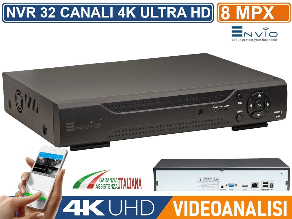 NETWORK VIDEO RECORDER NVR 32 CANALI 8MP 4K ULTRA HD ANALISI INTELLIGENTE P2P H.265AI