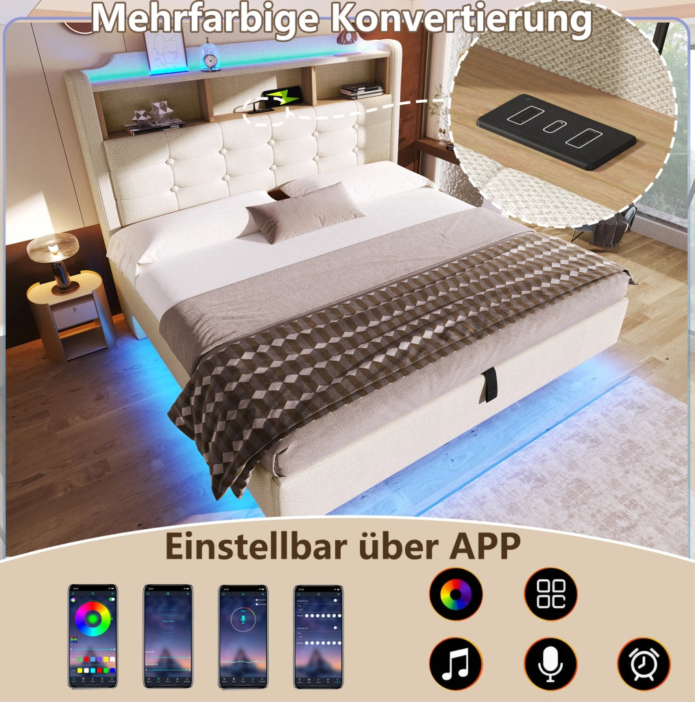Letto imbottito 140x200 cm beige con LED, vano idraulico e USB