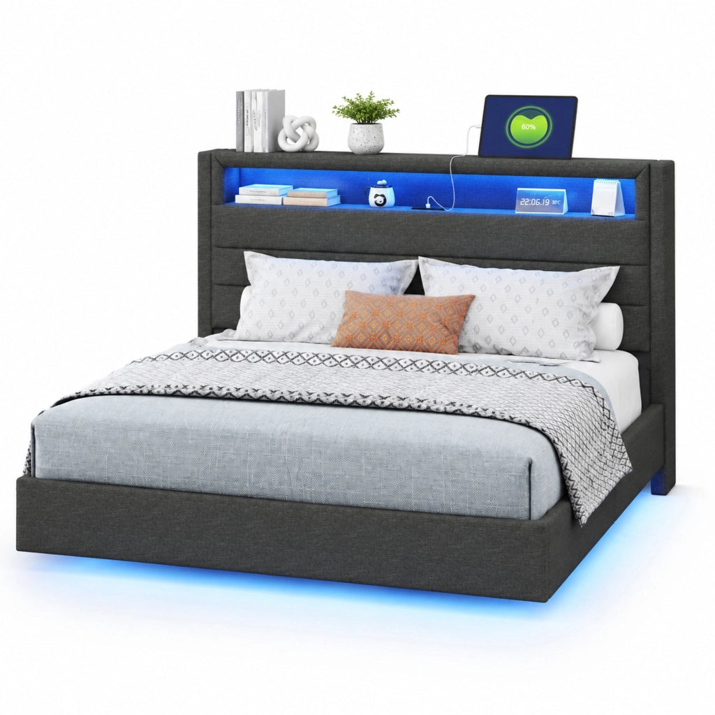 Letto imbottito 140x200 cm con LED, USB e testiera contenitore