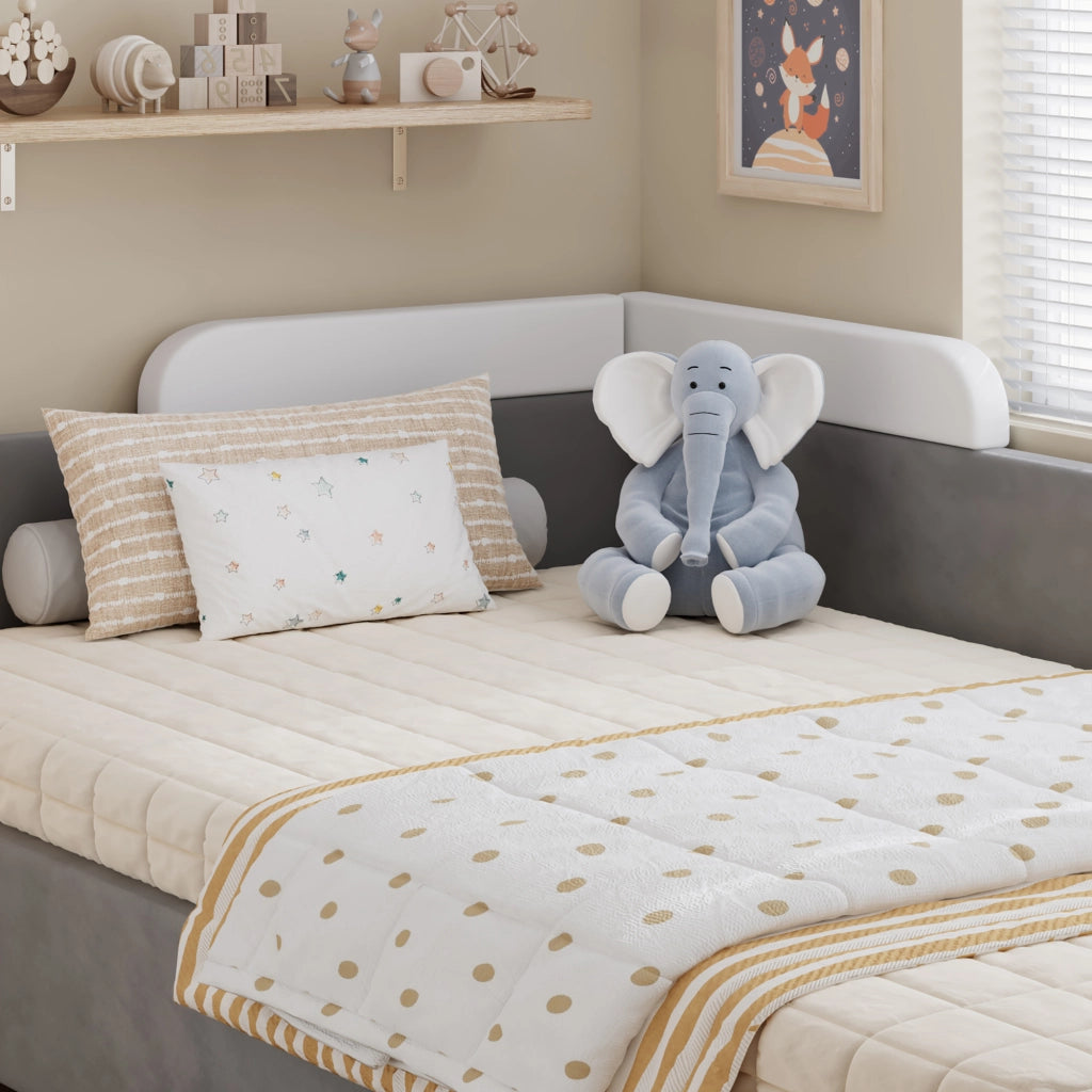 Letto contenitore 90 × 200 cm con sollevamento idraulico e barriera imbottita in velluto grigio