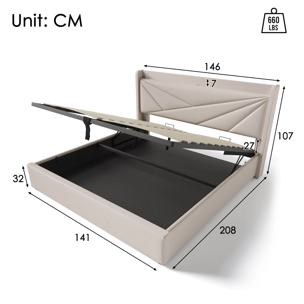 Letto matrimoniale contenitore 140x200 in cotone lino con USB-C, testiera geometrica e materasso