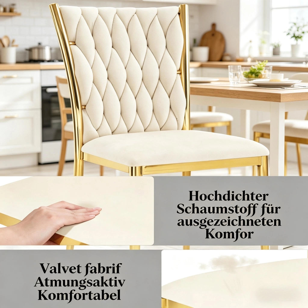 Sedia da Pranzo con Schienale Alto Ergonomico e Piedini Regolabili in Velluto Metallo Bianco Crema Oro