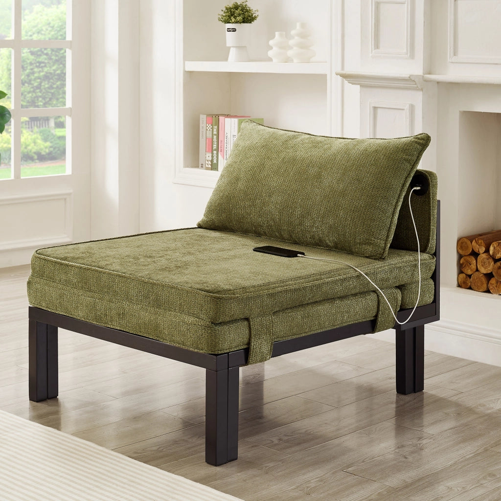Poltrona letto con funzione letto rivestita in velluto verde con porta USB Type-C e struttura in legno