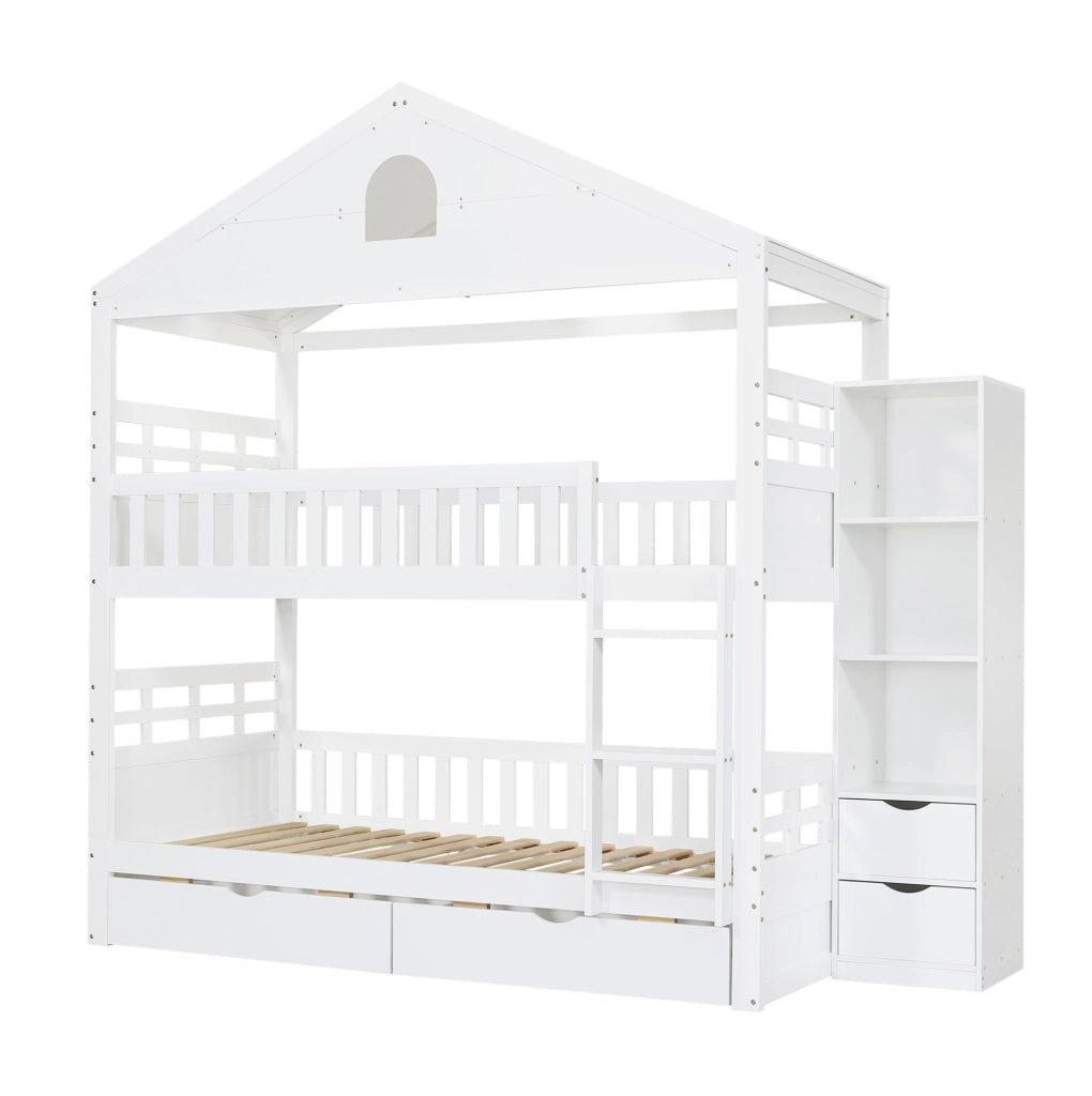 Letto a castello ULEVR 90x200 cm a forma di casa con scala, 2 cassetti e vano laterale, bianco