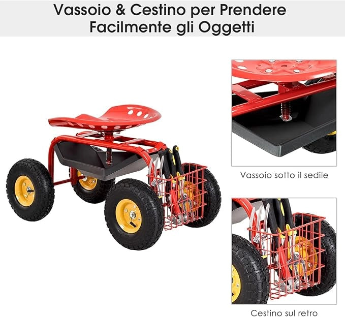 Sgabello da Giardino, Sgabello per Giardinaggio con Ruote, Sedile Regolabile in Altezza e Girevole a 360°, Cestello e Vassoio, Carrello per Prato e Giardino, Portata 150 kg(Rosso)