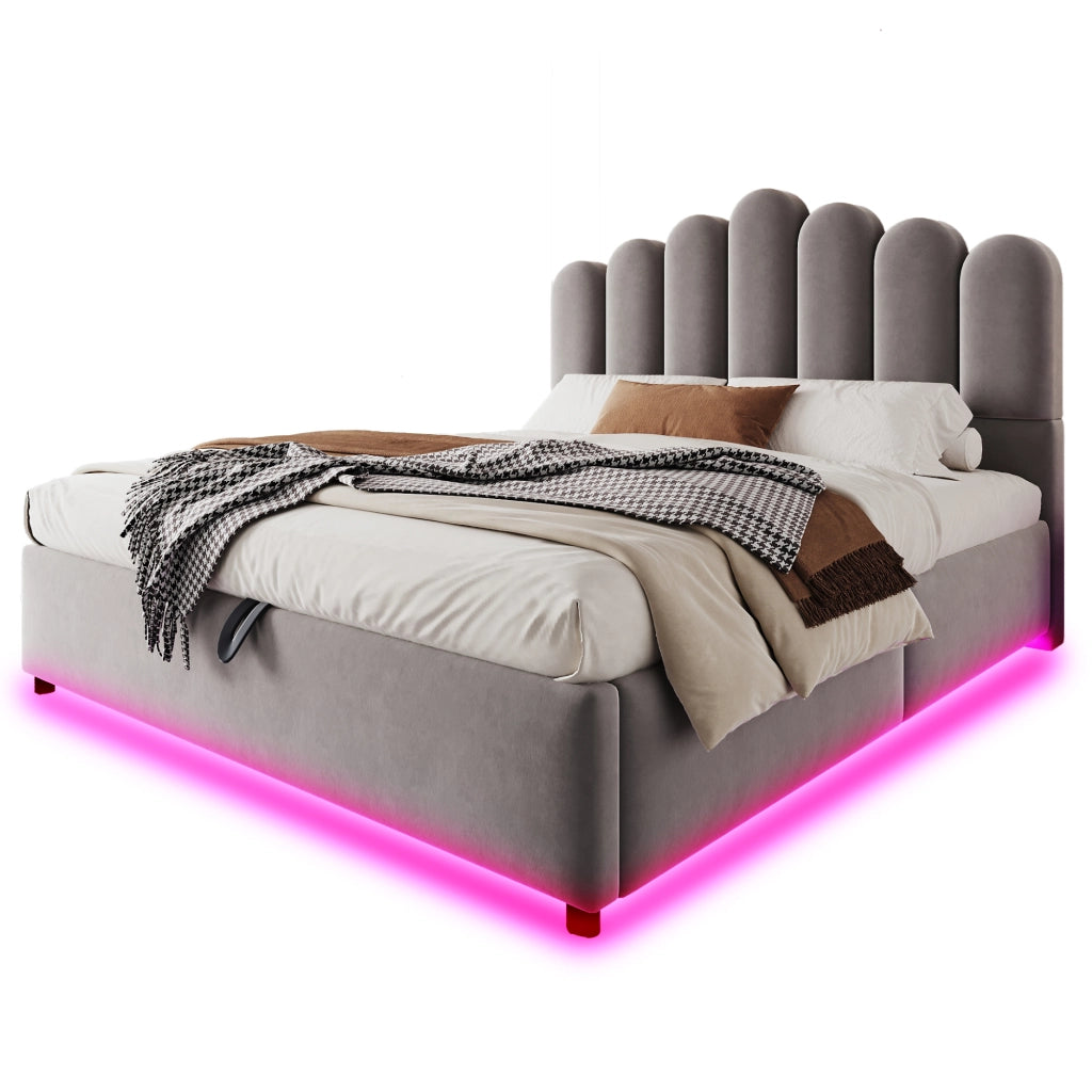 Letto Contenitore 140x200 cm Imbottito in Velluto Grigio con Testiera Morbida e Illuminazione LED