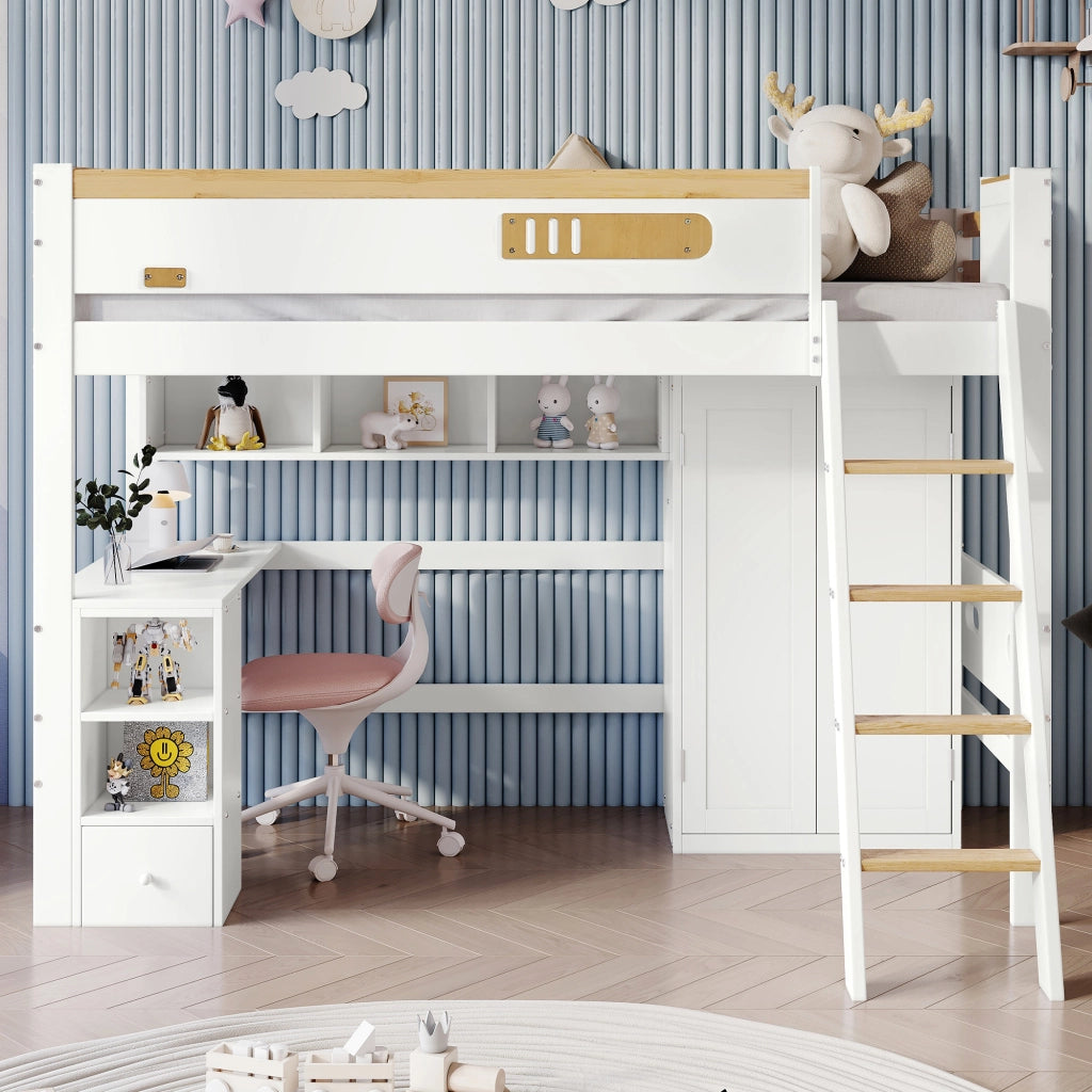 Letto a soppalco con scrivania e armadio in pino; MDF e compensato; 90x200 cm; bianco e naturale per cameretta