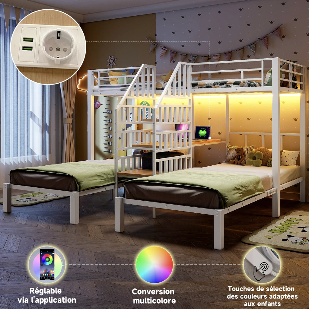 Letto a castello 90 × 200 cm 3 posti con LED; scaletta contenitore; scrivania; USB e presa; senza materasso; bianco