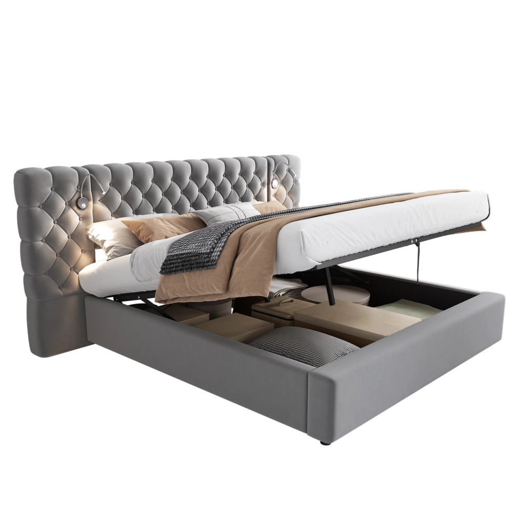 Letto 160x200 cm con contenitore idraulico, luce da lettura e rivestimento in velluto grigio