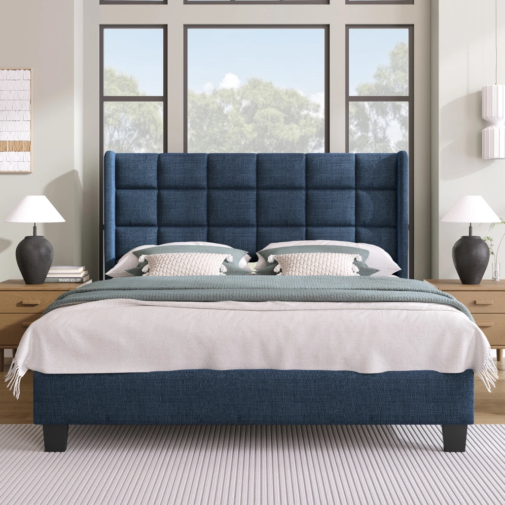 Letto Matrimoniale 140 x 200 cm con Testiera Imbottita e Rete a Doghe in Lino Blu