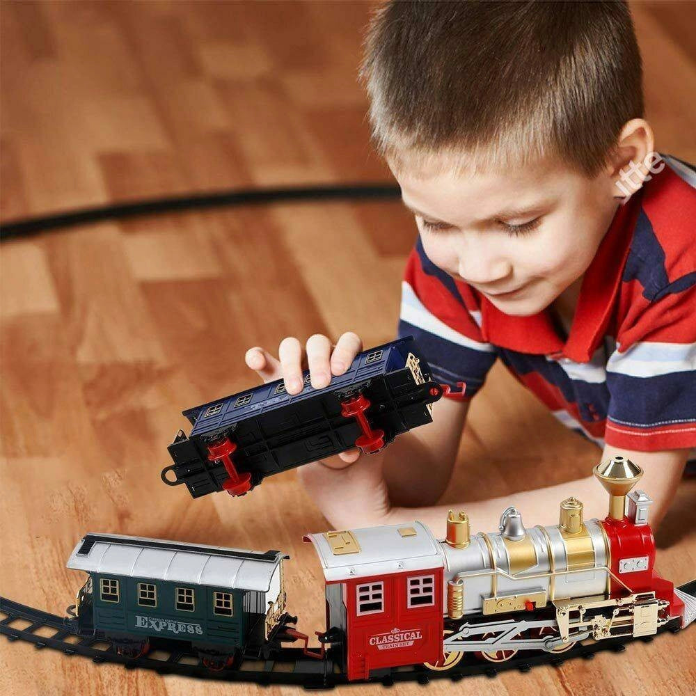Trade Shop - Pista Trenino Giocattolo Bambini Treno Locomotiva Con Fumo Luce Suoni E 2 Vagoni -