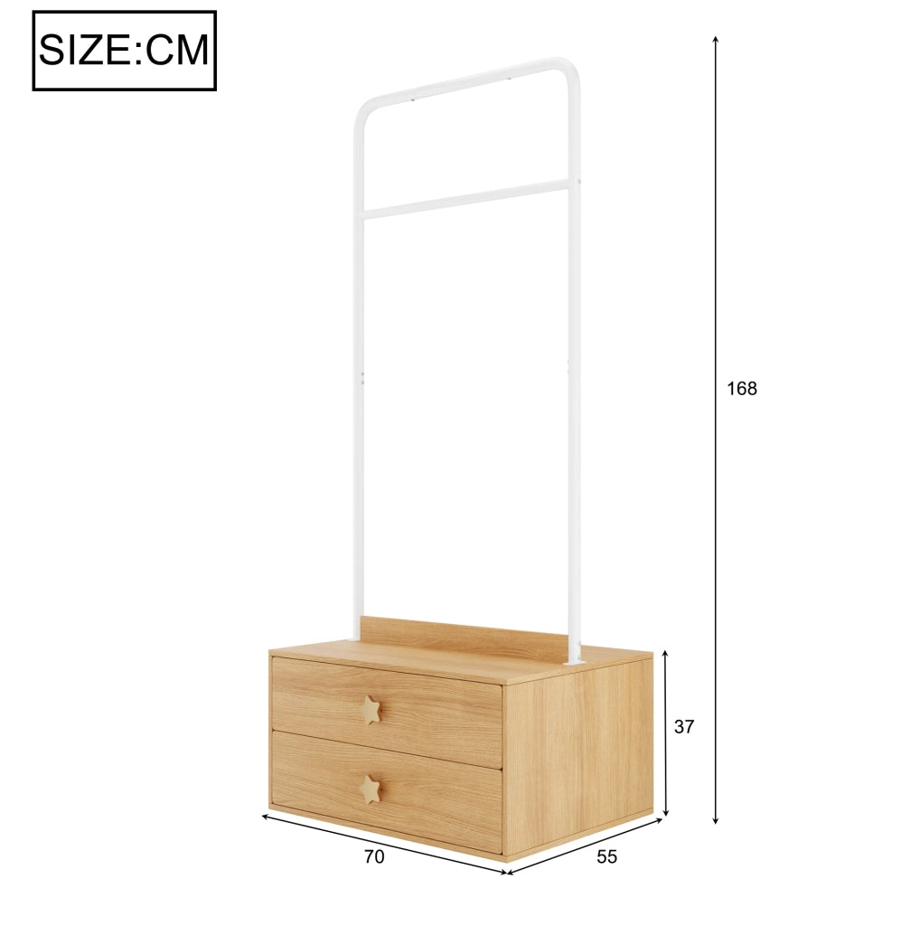 Kleiderständer mit 2 Schubladen, 70 × 55 × 168 cm, Holzfarbe, Sternförmige Griffe