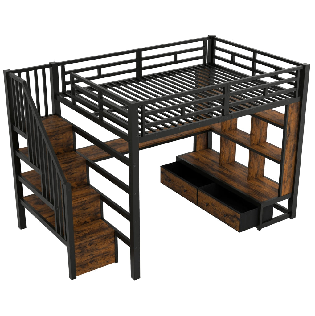 Letto a soppalco in metallo 140x200 cm con scrivania, scaffali, due cassetti integrati e scala con contenitore, colore nero