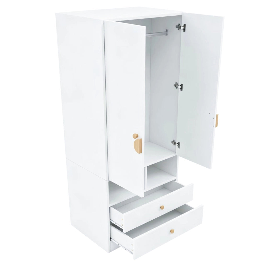 Armadio singolo bianco 70×50×170 cm con due cassetti, maniglie cartoon e piccoli vani portaoggetti