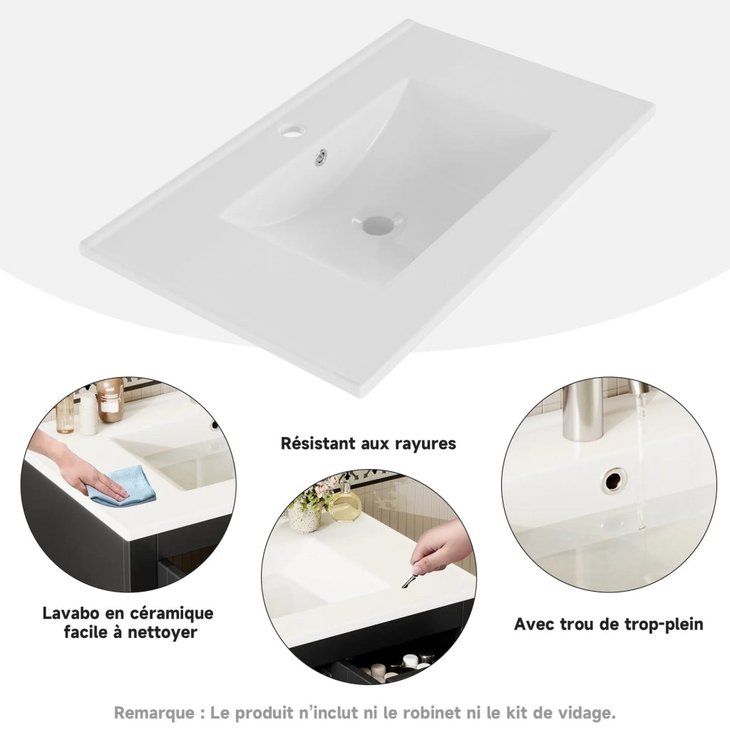 Mobile bagno nero con lavabo in ceramica integrato, superficie laccata. Lavabo 76x46,5x85,5 cm + armadio 78x35x172 cm. Include 2 ceste per biancheria.