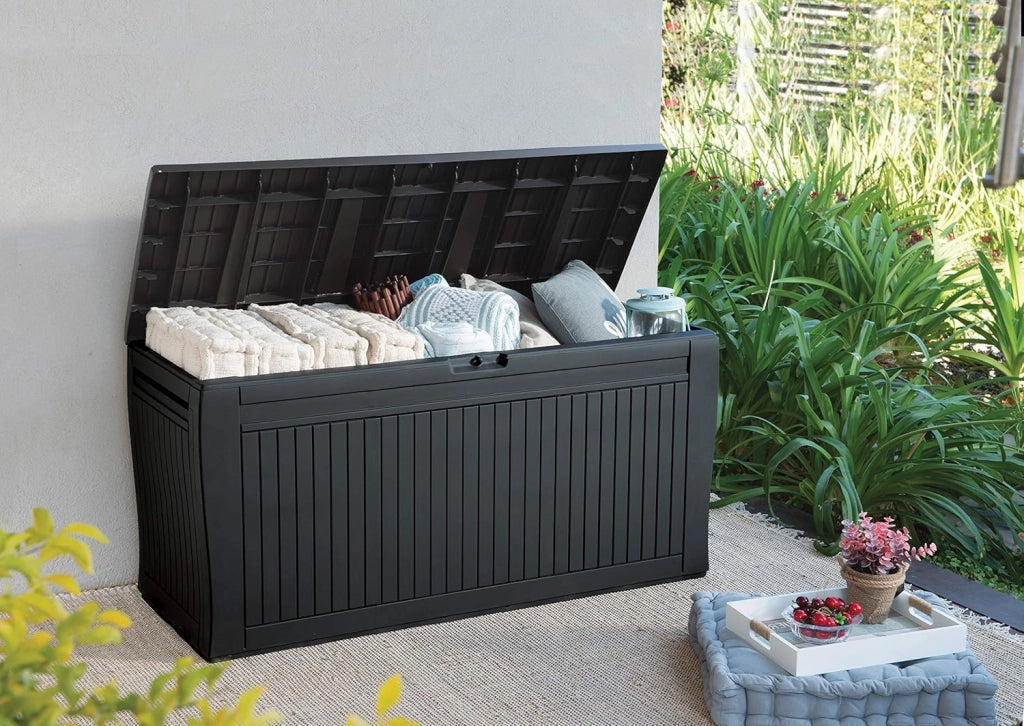 Cassapanca da Esterno Comfy 270 L in Resina Effetto Legno Colore Grafite con Ruote e Chiusura
