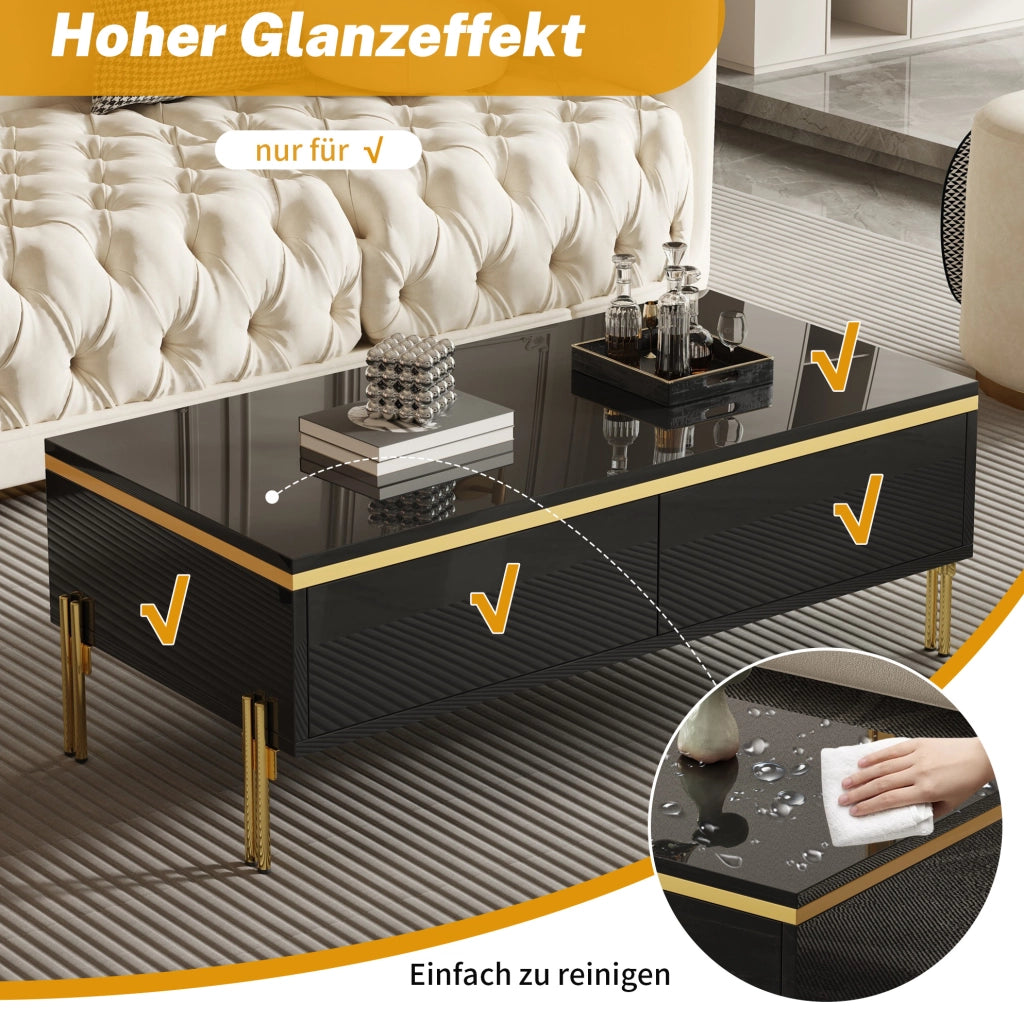 Tavolino da caffè moderno nero 100x50x36 cm in truciolare lucido con cassetti laterali